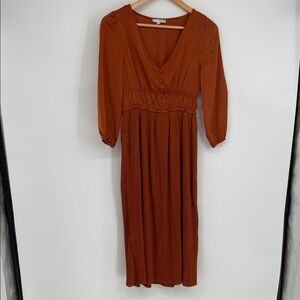 Baltic Born Rust Pleated Midi Dress Size XS – Elegant 3/4 Sleeve, EUC